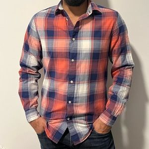 H&M mens long sleeve button up shirt in orange, blue, and white